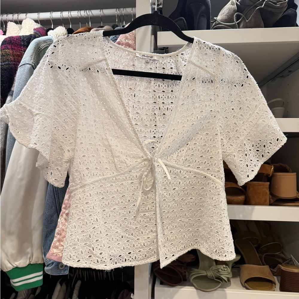 Madewell White Flutter Sleeve eyelett Blouse with Tie Front